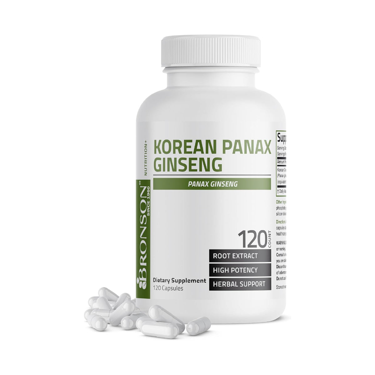 Bronson Korean Panax Ginseng 120 Cápsulas Apoyo Mental, Memoria y Rendimiento Cognitivo