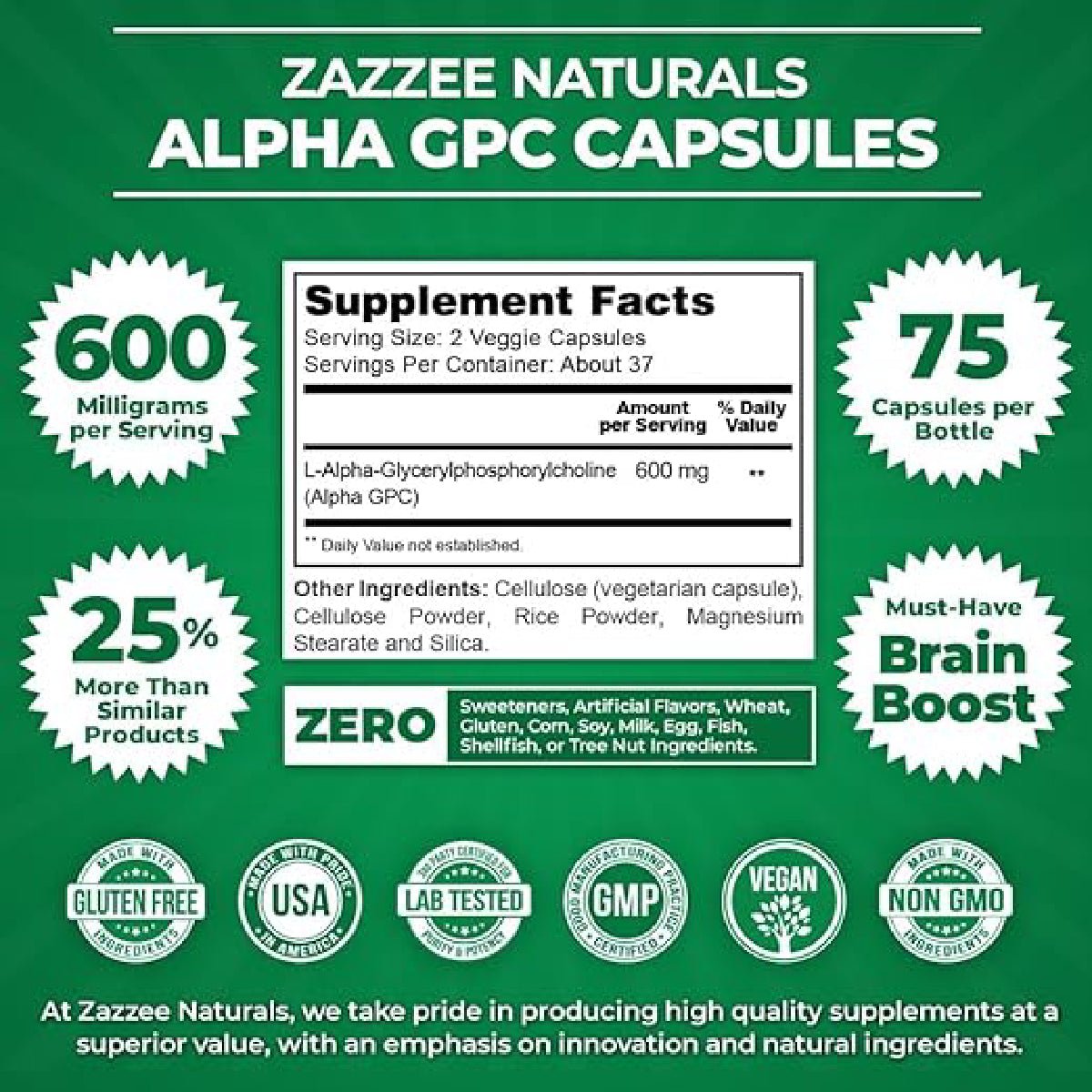 Zazzee Naturals Alpha GPC Choline Alfoscerate 600 Mg 75 Cápsulas - Hi Vitamins