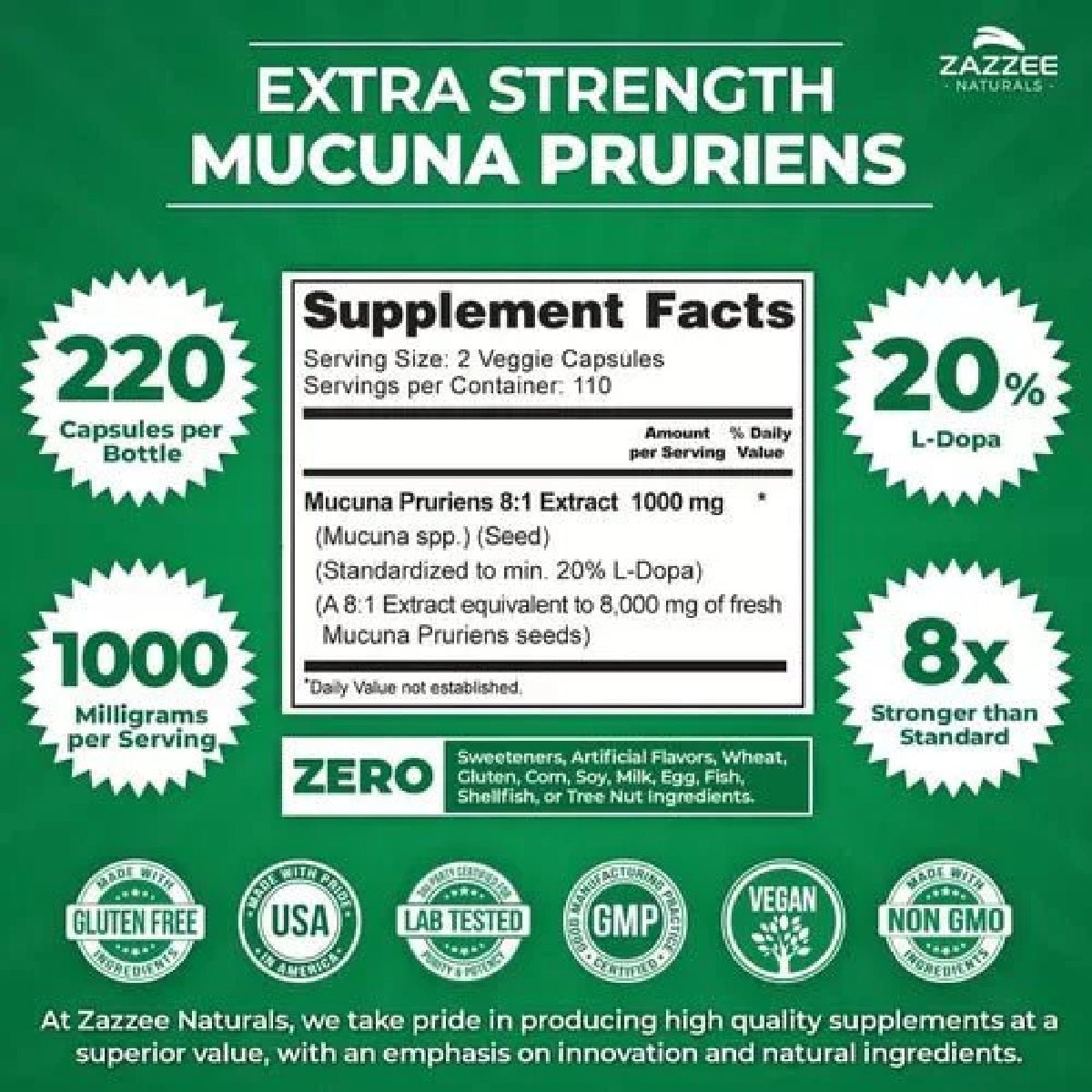 Zazzee Naturals Extra Strength Mucuna Pruriens 1000 Mg 220 Cápsulas - Hi Vitamins