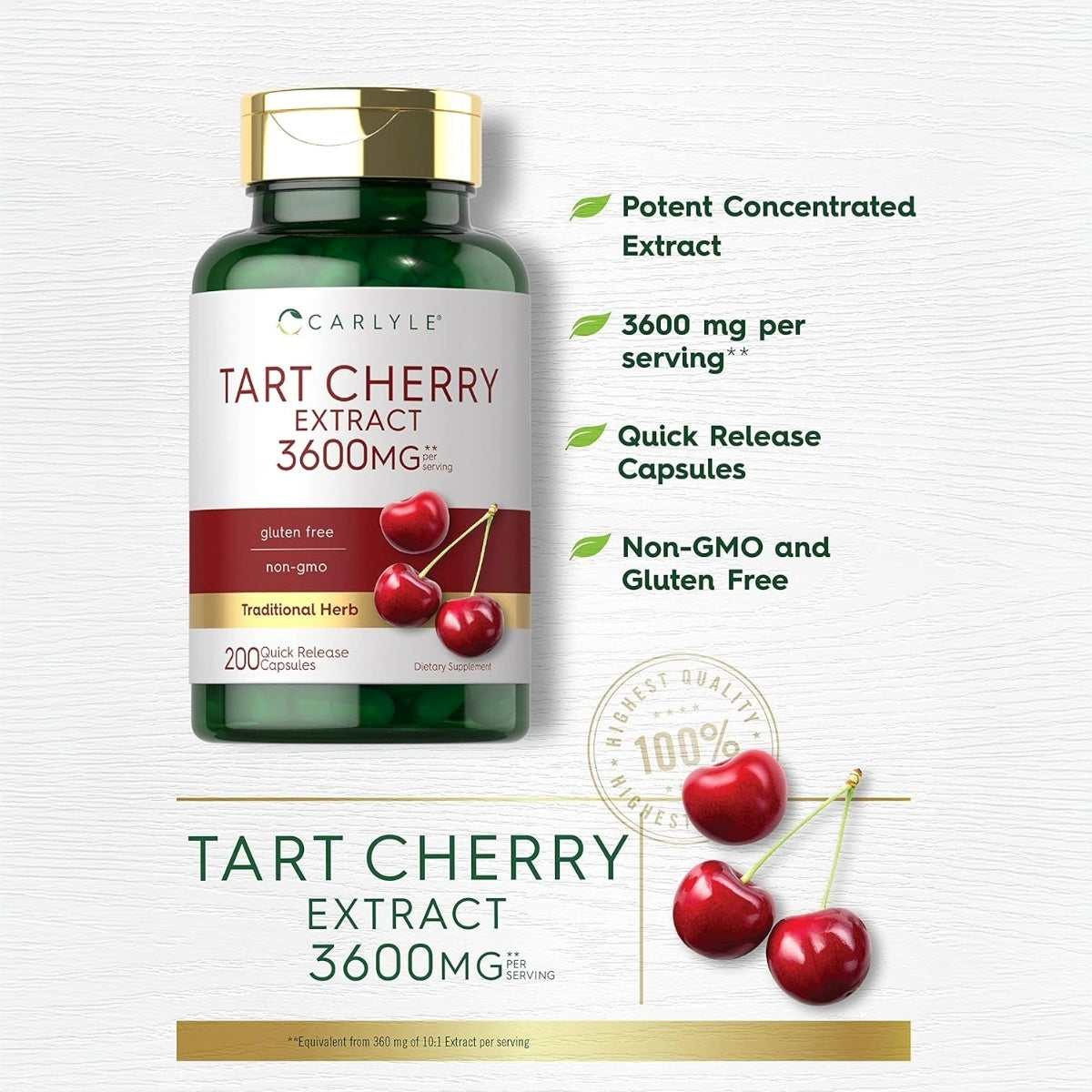 Carlyle Tart Cherry 200 Cápsulas 2400 mg Extracto de Cereza Ácida Apoyo Antioxidante y Descanso Nocturno