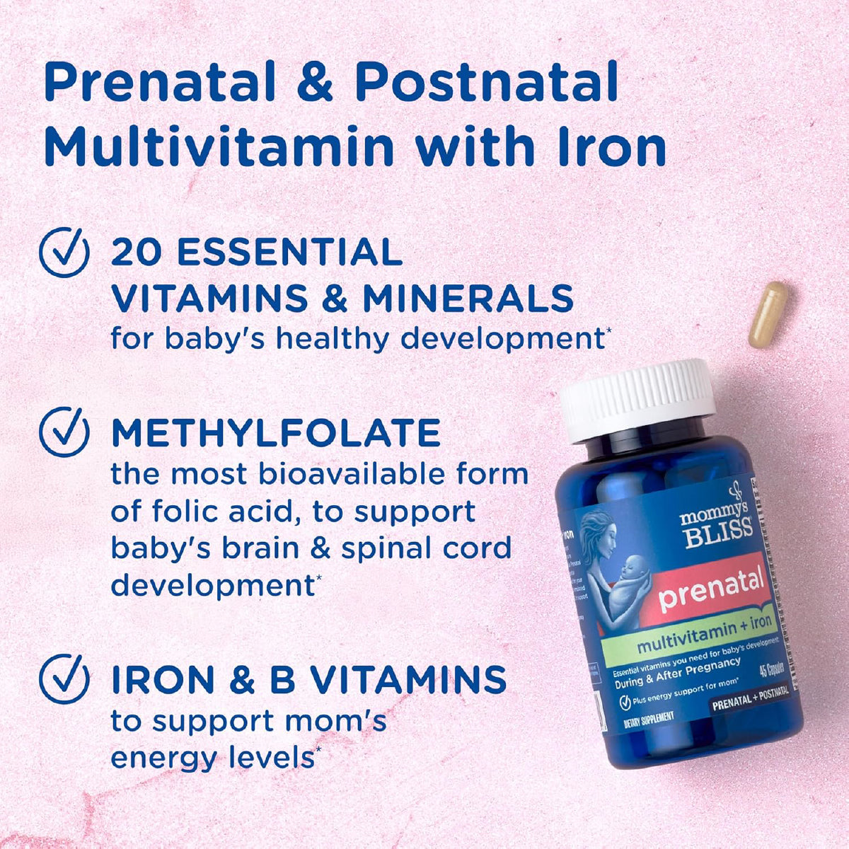 Mommy's Bliss Prenatal Multivitamínico con Hierro y Ácido Fólico Apoyo Desarrollo del Bebé Energía e Inmunidad Materna