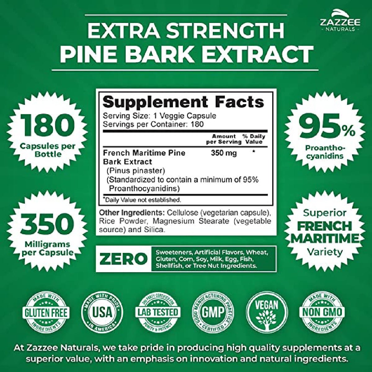 Zazzee Naturals Extracto De Corteza De Pino Marítimo Francés 350 Mg 180 Cápsulas - Hi Vitamins