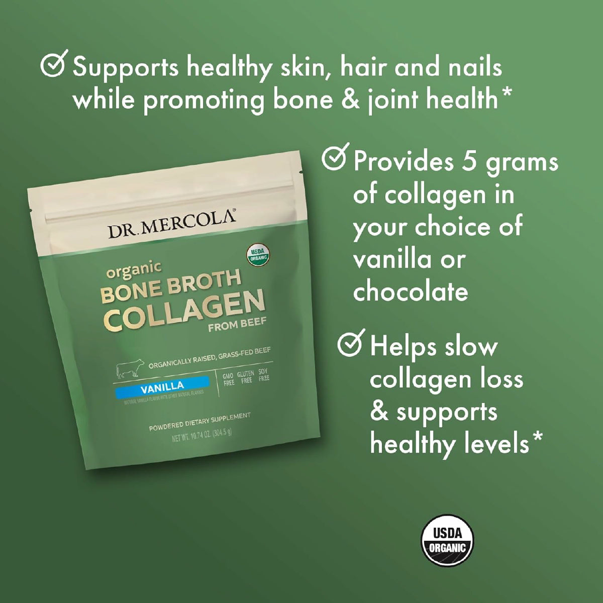 Dr. Mercola Organic Bone Broth Collagen 304.5 g Colágeno Orgánico sabor Vainilla