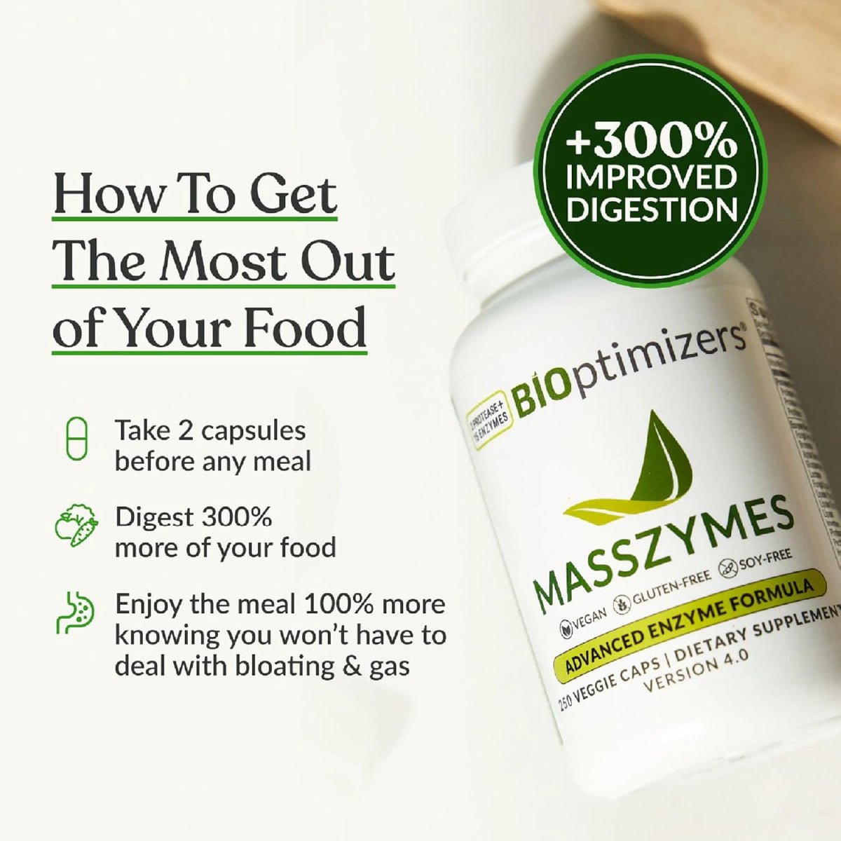 BIOptimizers MassZymes 30 Cápsulas Enzimas Digestivas Apoyo Salud Intestinal Digestión y Alivio de Hinchazón - Hi Vitamins