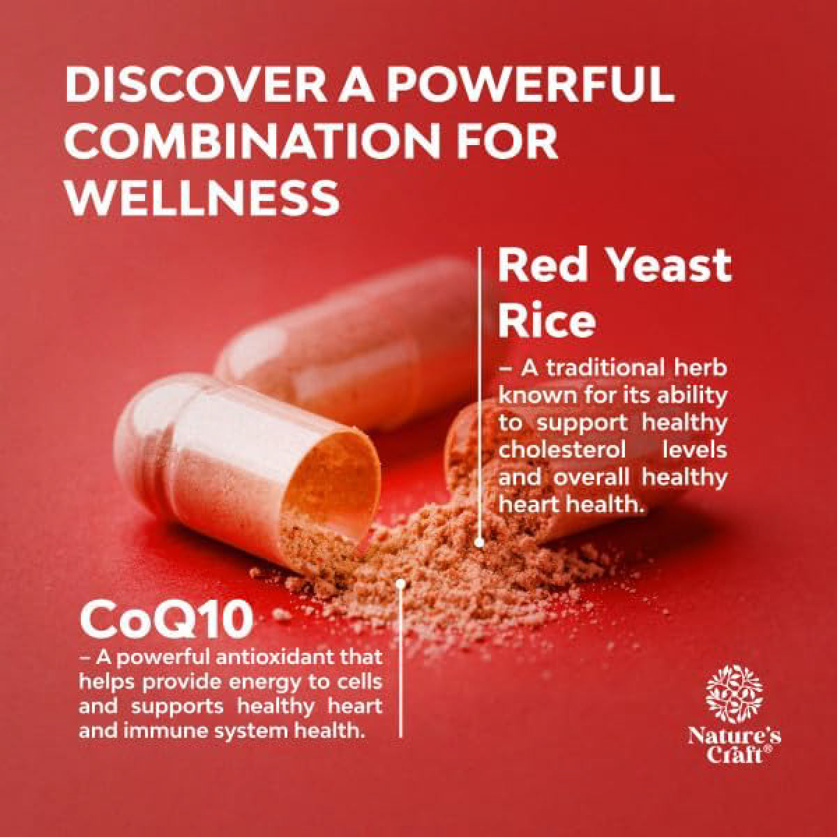 Natures Craft Arroz de Levadura Roja con CoQ10 120 Cápsulas Apoyo Colesterol, Salud Cardiovascular y Energía