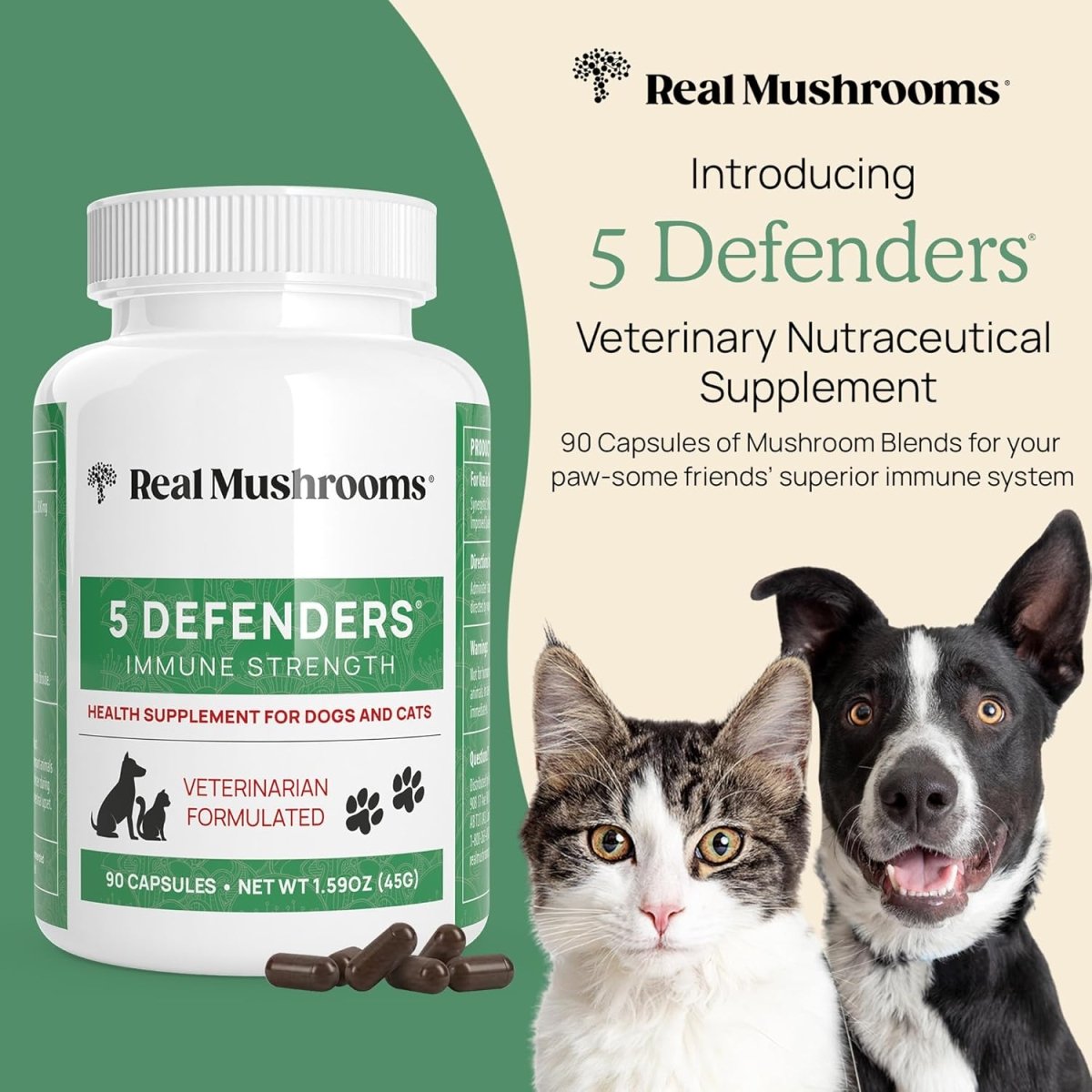 Real Mushrooms 5 Defender para Mascotas 90 Cápsulas - Hi Vitamins