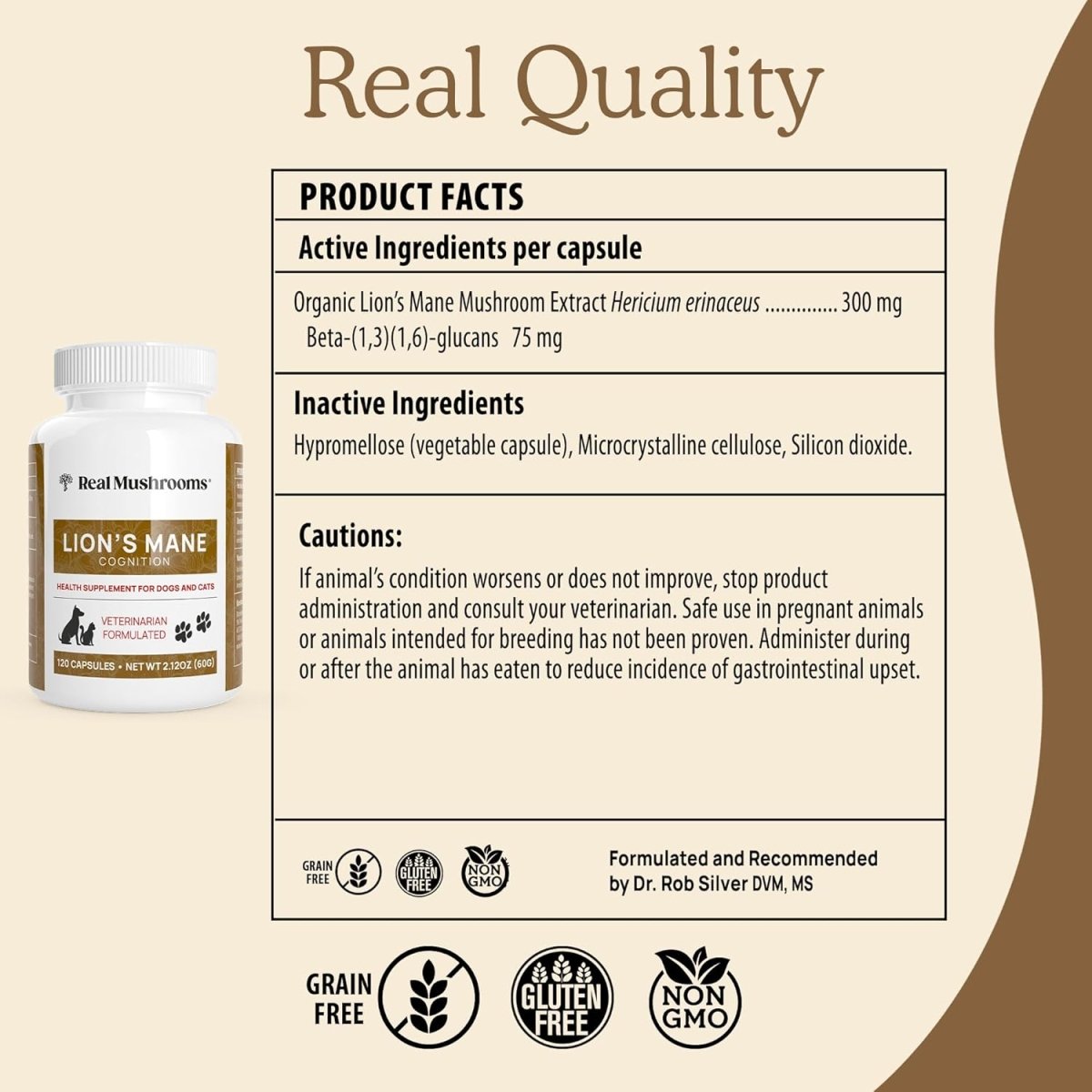 Real Mushrooms Melena de León para Mascotas 120 Cápsulas - Hi Vitamins