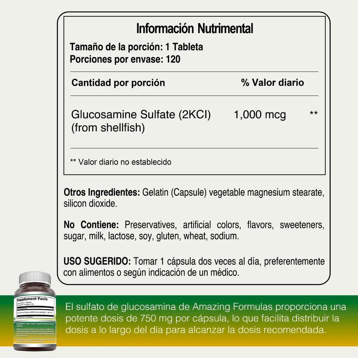 Amazing Formulas Sulfato de Glucosamina Máxima Potencia 1000 mg 120 cápsulas - Hi Vitamins