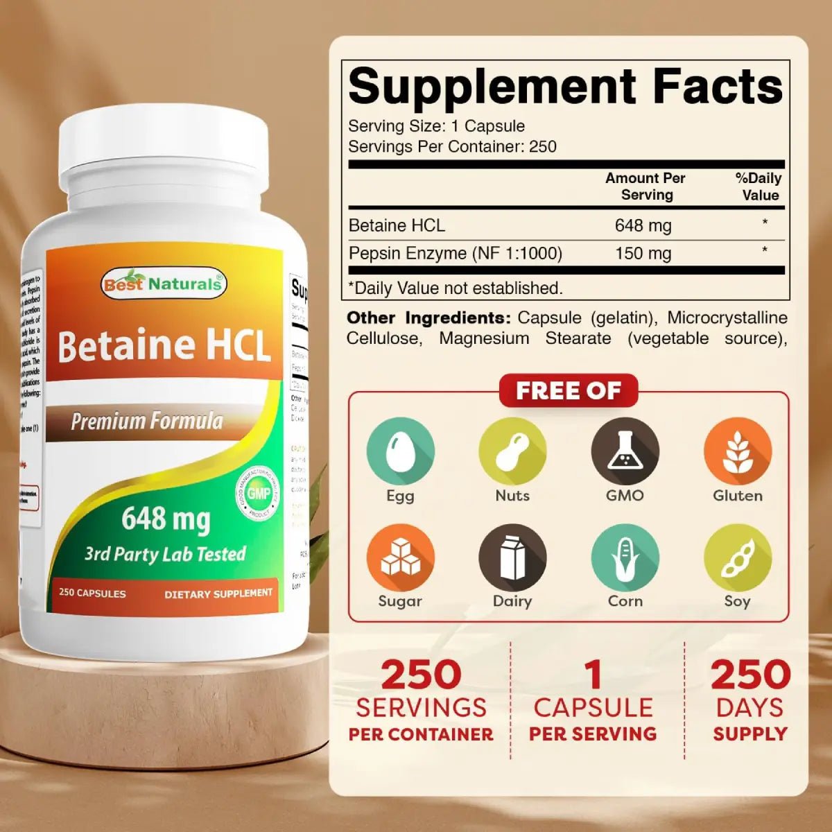 Best Naturals Betaine HCL 648 Mg 250 Cápsulas - Hi Vitamins