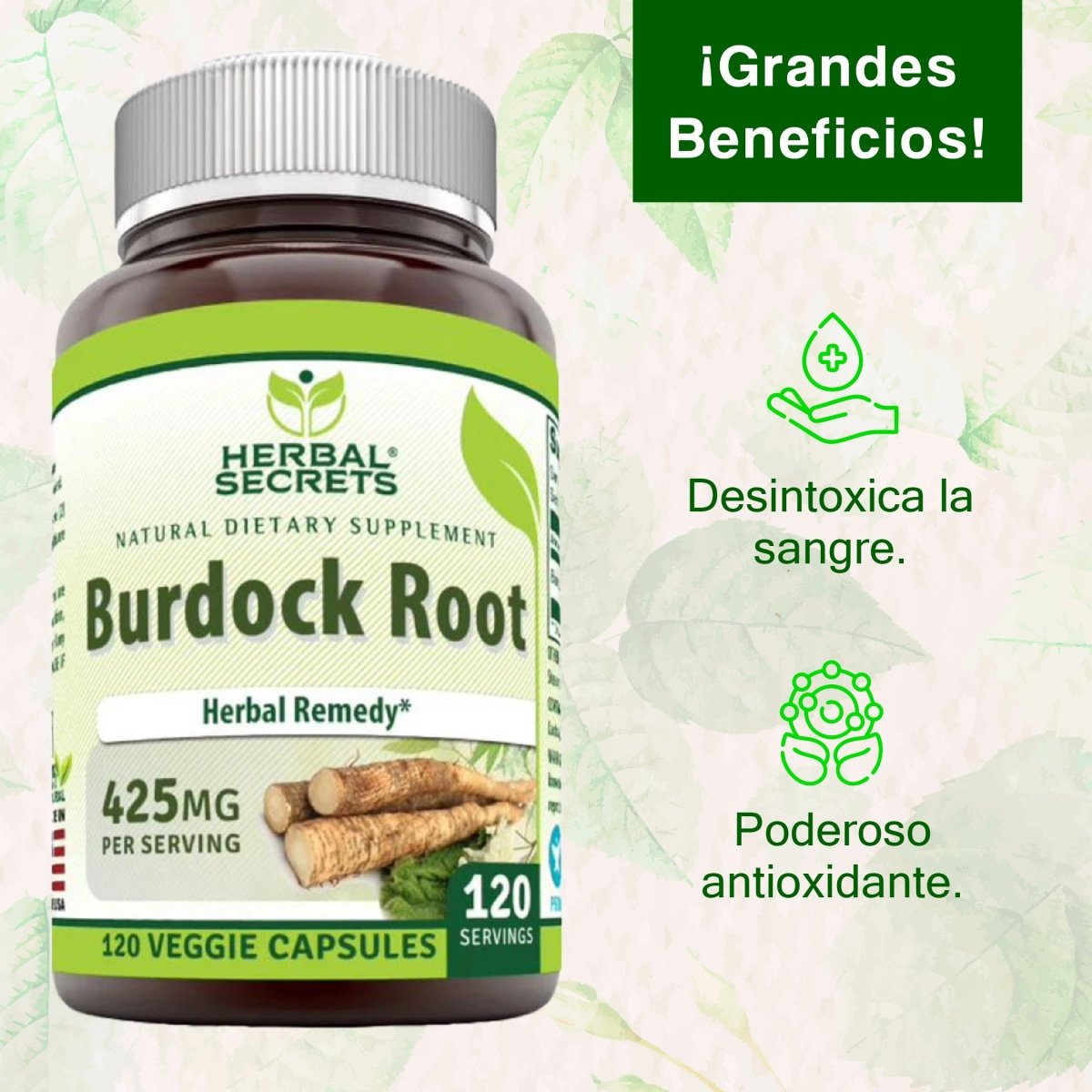Herbal Secrets® Raíz de Bardana 425mg 120 Cápsulas - Hi Vitamins