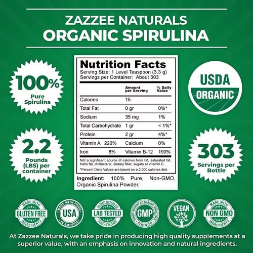 Zazzee Naturals Espirulina Orgánica en Polvo 1kg - Hi Vitamins