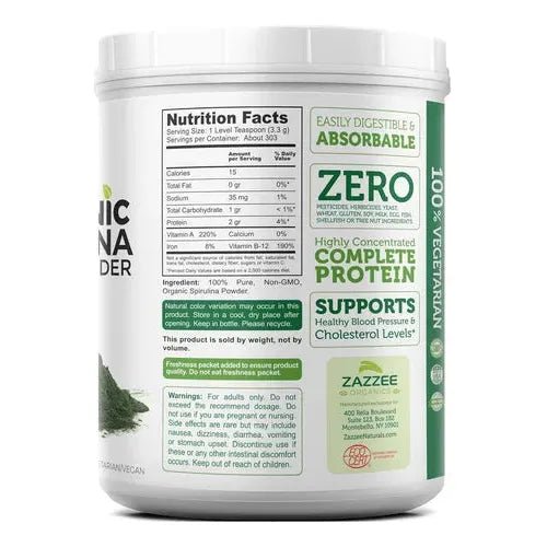 Zazzee Naturals Espirulina Orgánica en Polvo 1kg - Hi Vitamins