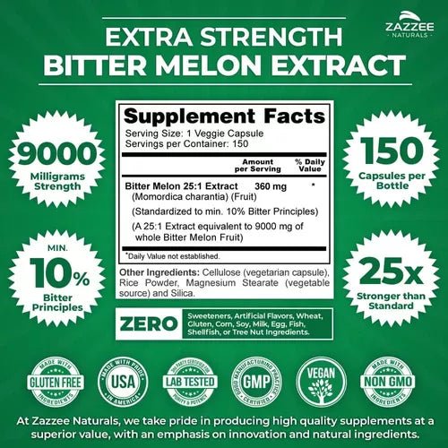 Zazzee Naturals Extra Strength Bitter Melon 25:1 Extracto 9000 Mg 150 Cápsulas - Hi Vitamins