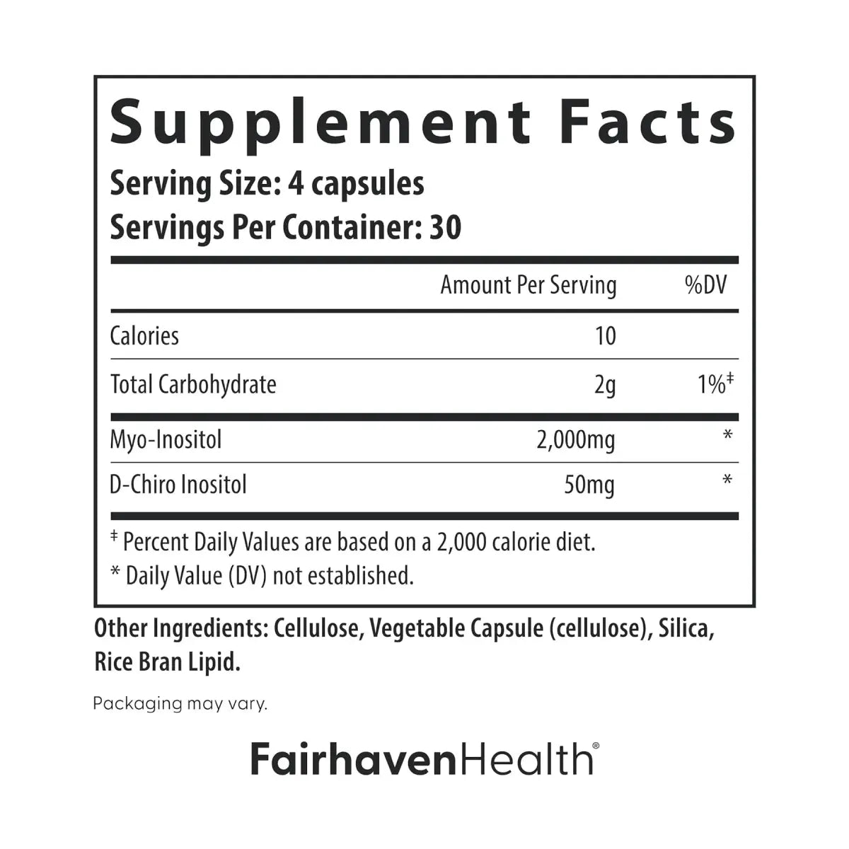 Ingredientes - Fairhaven Health Myo + D-Chiro Inositol 120 Cápsulas - Hi Vitamins. Envíos a todo México.