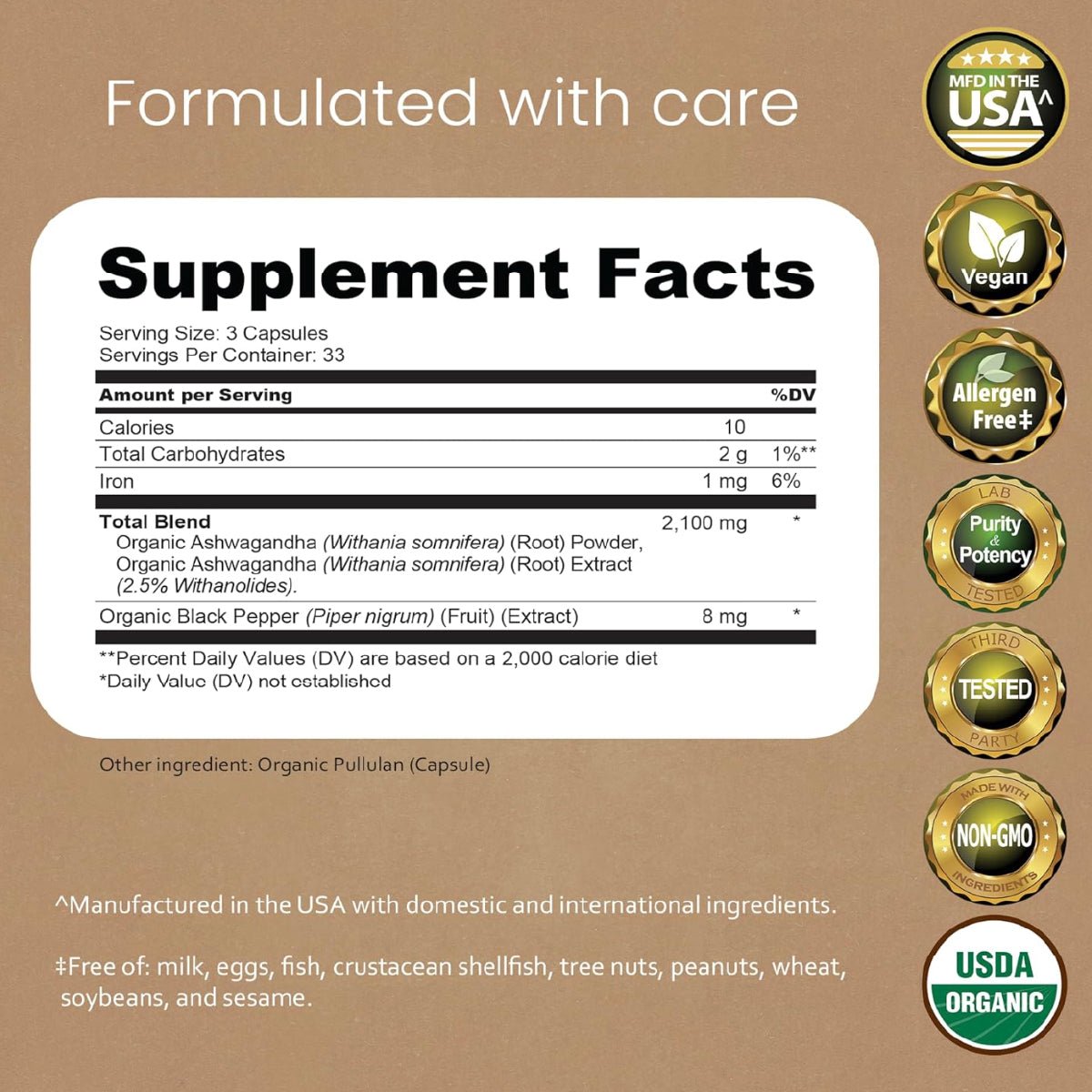 NaturaLife Labs Organic Ashwagandha 100 Cápsulas Extracto y Polvo de Raíz Apoyo al Estrés y Energía - Hi Vitamins