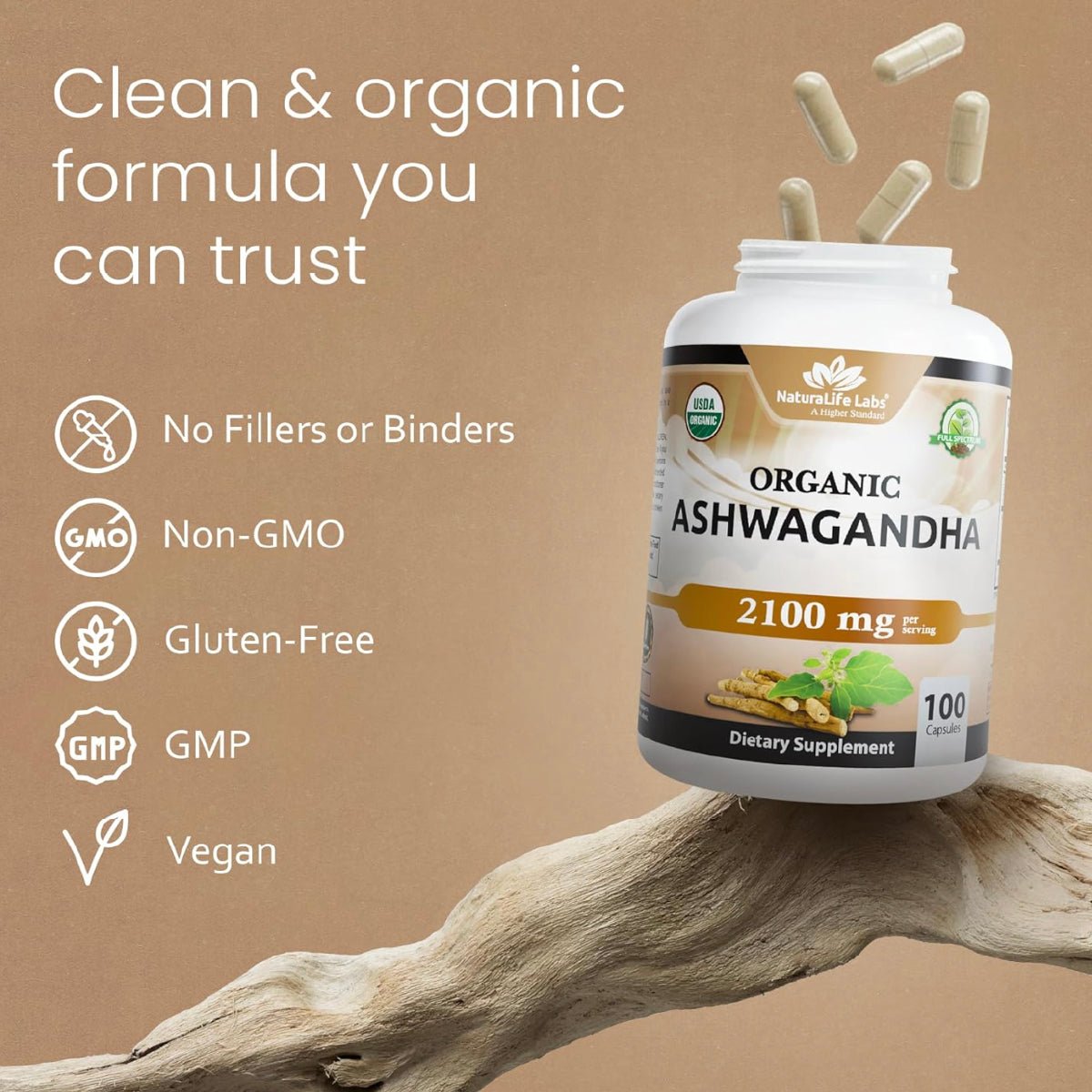 NaturaLife Labs Organic Ashwagandha 100 Cápsulas Extracto y Polvo de Raíz Apoyo al Estrés y Energía - Hi Vitamins