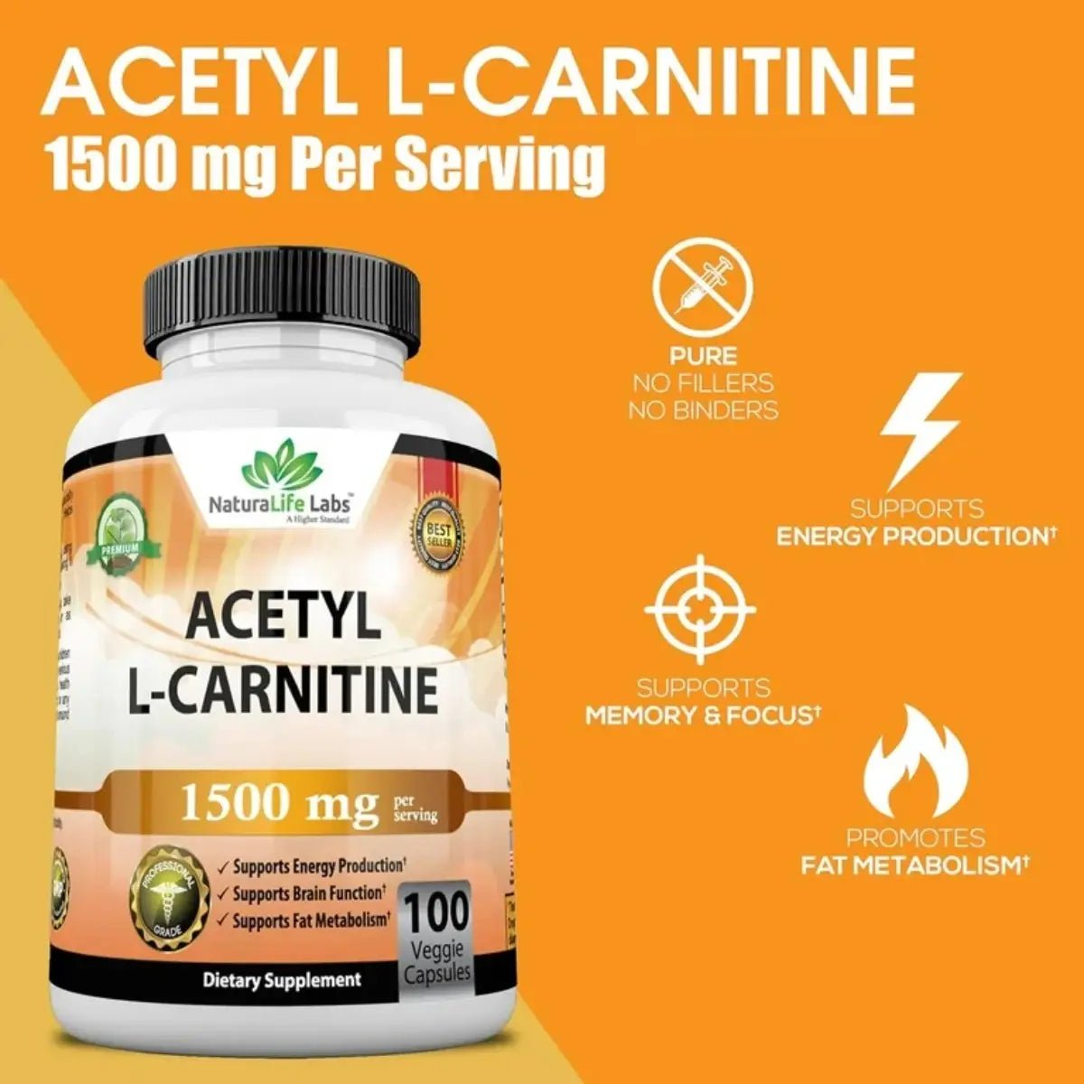 NaturaLife Labs Acetil L - Carnitina 1500 mg 100 Cápsulas - Hi Vitamins