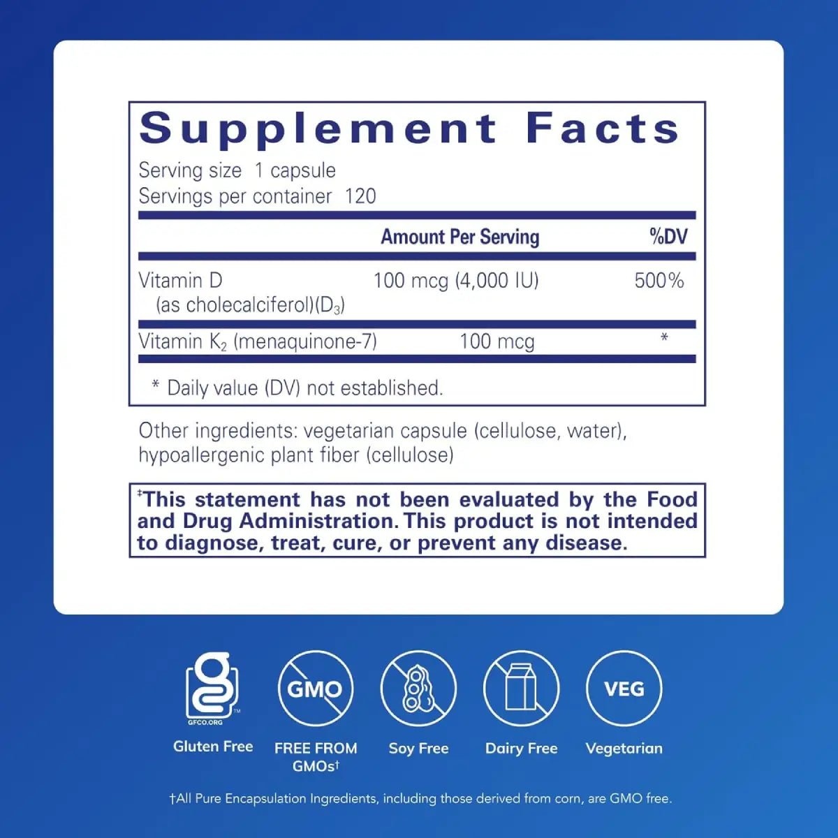 Pure Encapsulations® Vitamina D3 & K2 100 Mcg 120 Cápsulas - Hi Vitamins