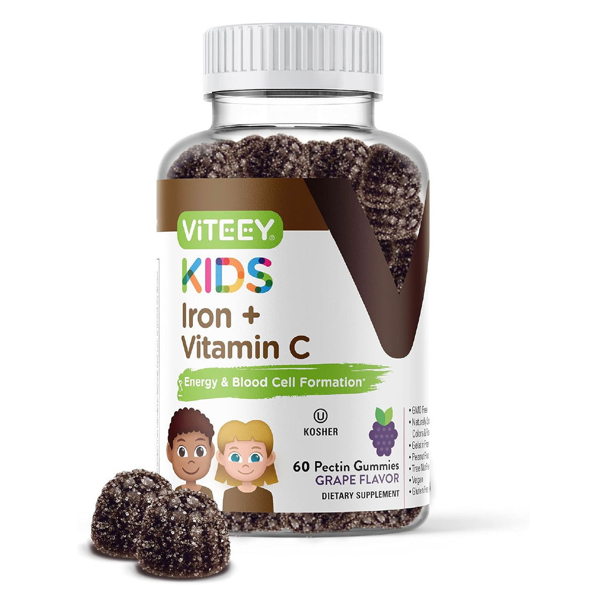 Viteey Gomitas de Hierro para Niños 60 Gomitas con Vitamina C Apoyo Energía y Formación de Células Sanguíneas