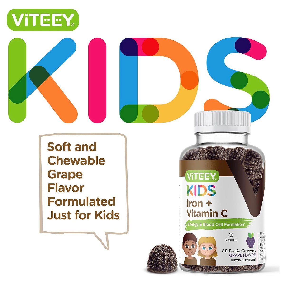 Viteey Gomitas de Hierro para Niños 60 Gomitas con Vitamina C Apoyo Energía y Formación de Células Sanguíneas - Hi Vitamins