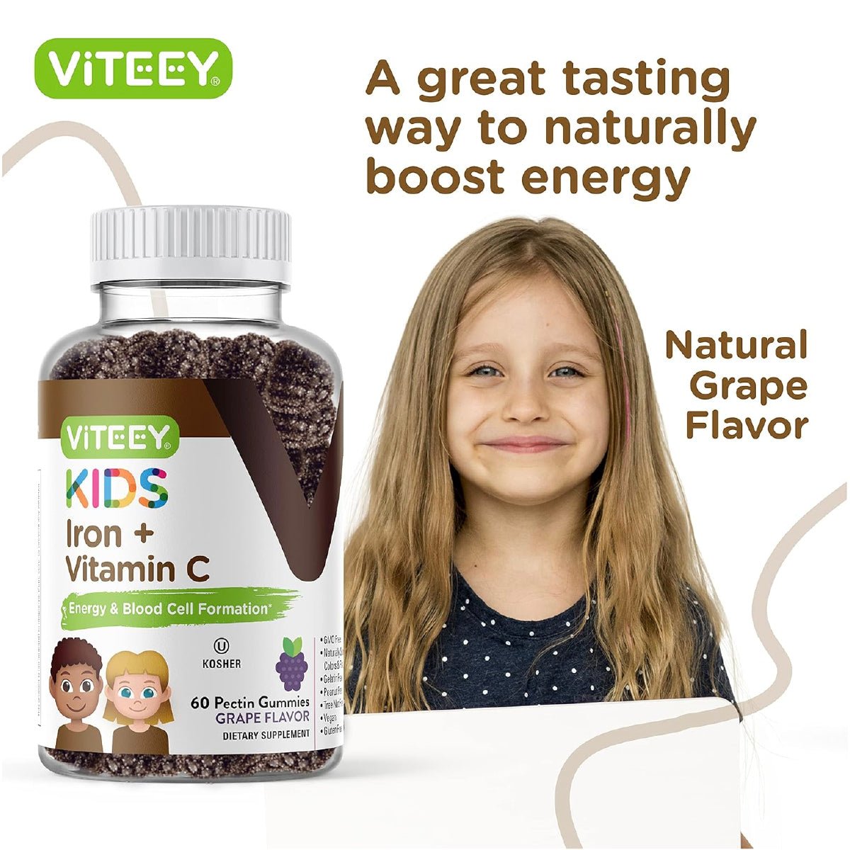 Viteey Gomitas de Hierro para Niños 60 Gomitas con Vitamina C Apoyo Energía y Formación de Células Sanguíneas - Hi Vitamins