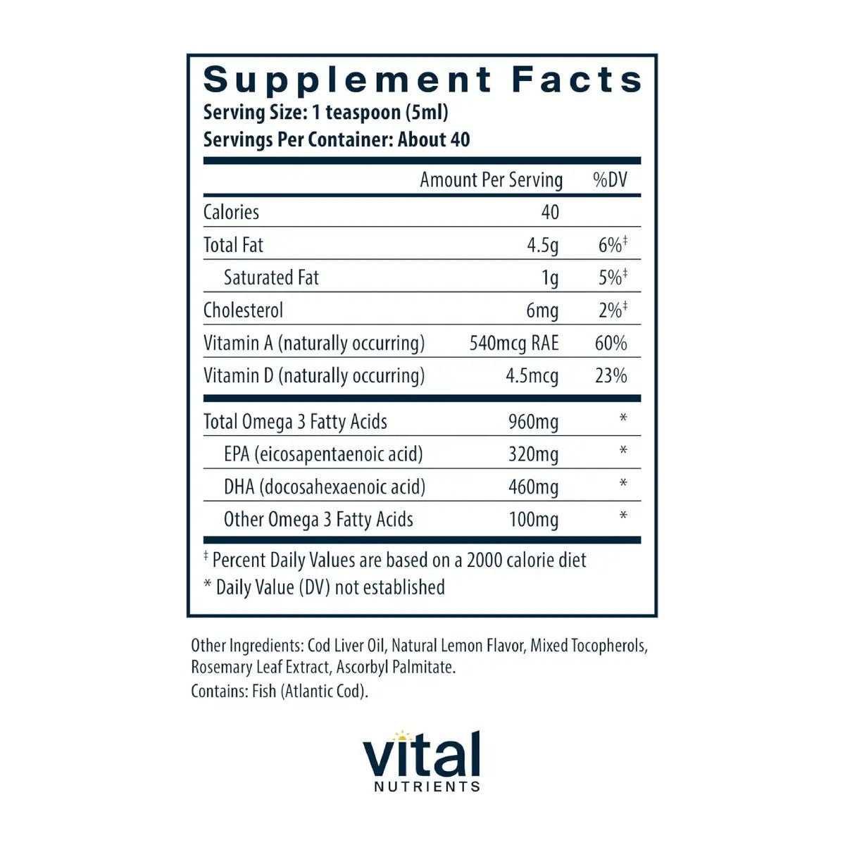 Vital Nutrients Aceite Hígado De Bacalao Omega 3 200ml - Hi Vitamins