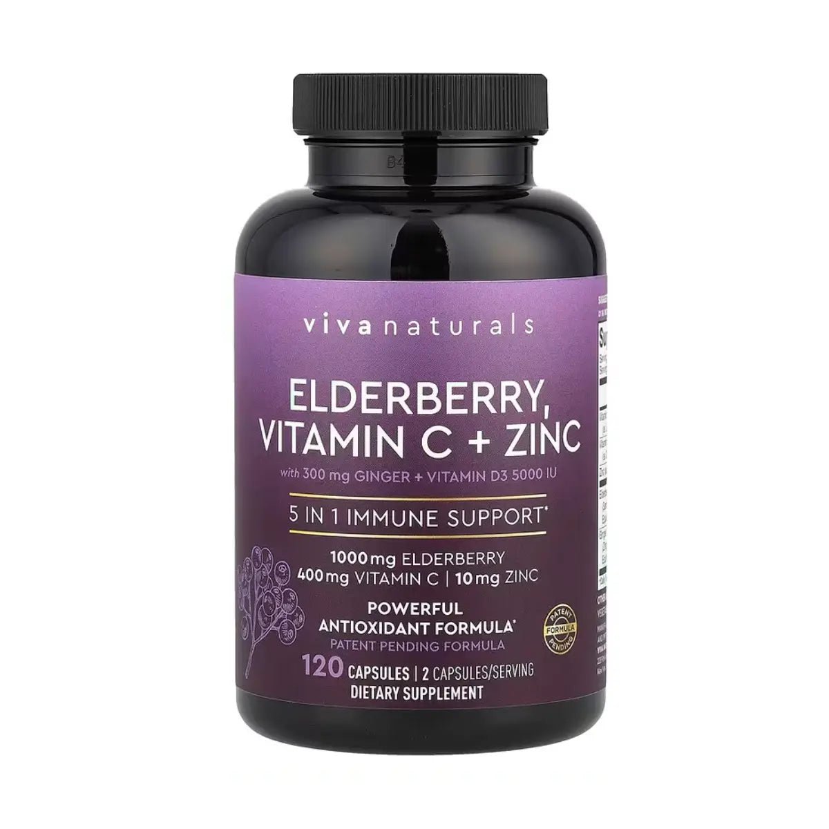 Viva Naturals Baya de Saúco 5 en 1 con Vitamina C, Zinc, Vitamina D3 y Jengibre 120 Cápsulas - Hi Vitamins