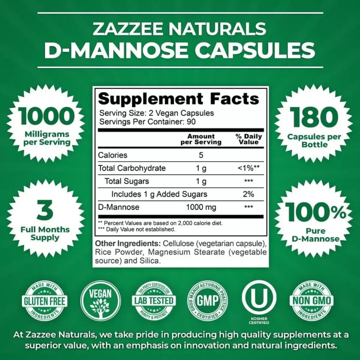 Zazzee Naturals D - Mannose 1000 Mg 180 Cápsulas - Hi Vitamins