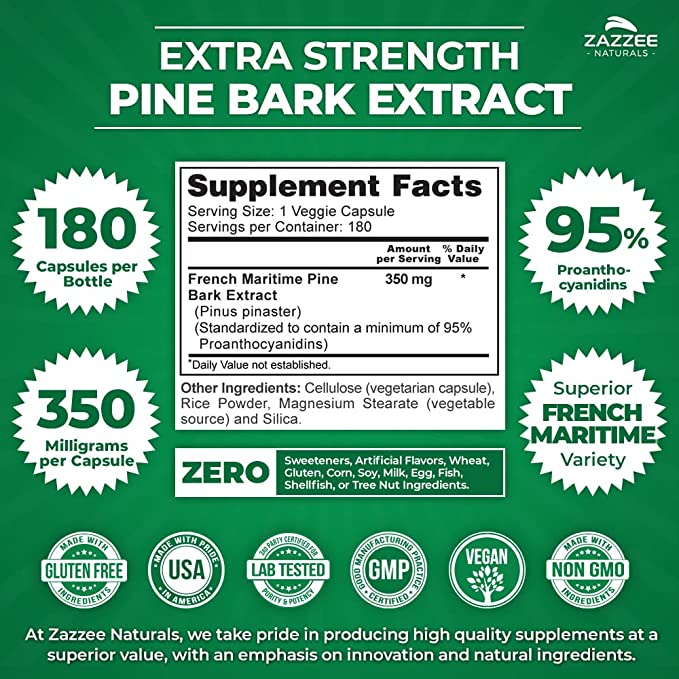Zazzee Naturals Extracto De Corteza De Pino Marítimo Francés 350 Mg 180 Cápsulas - Hi Vitamins