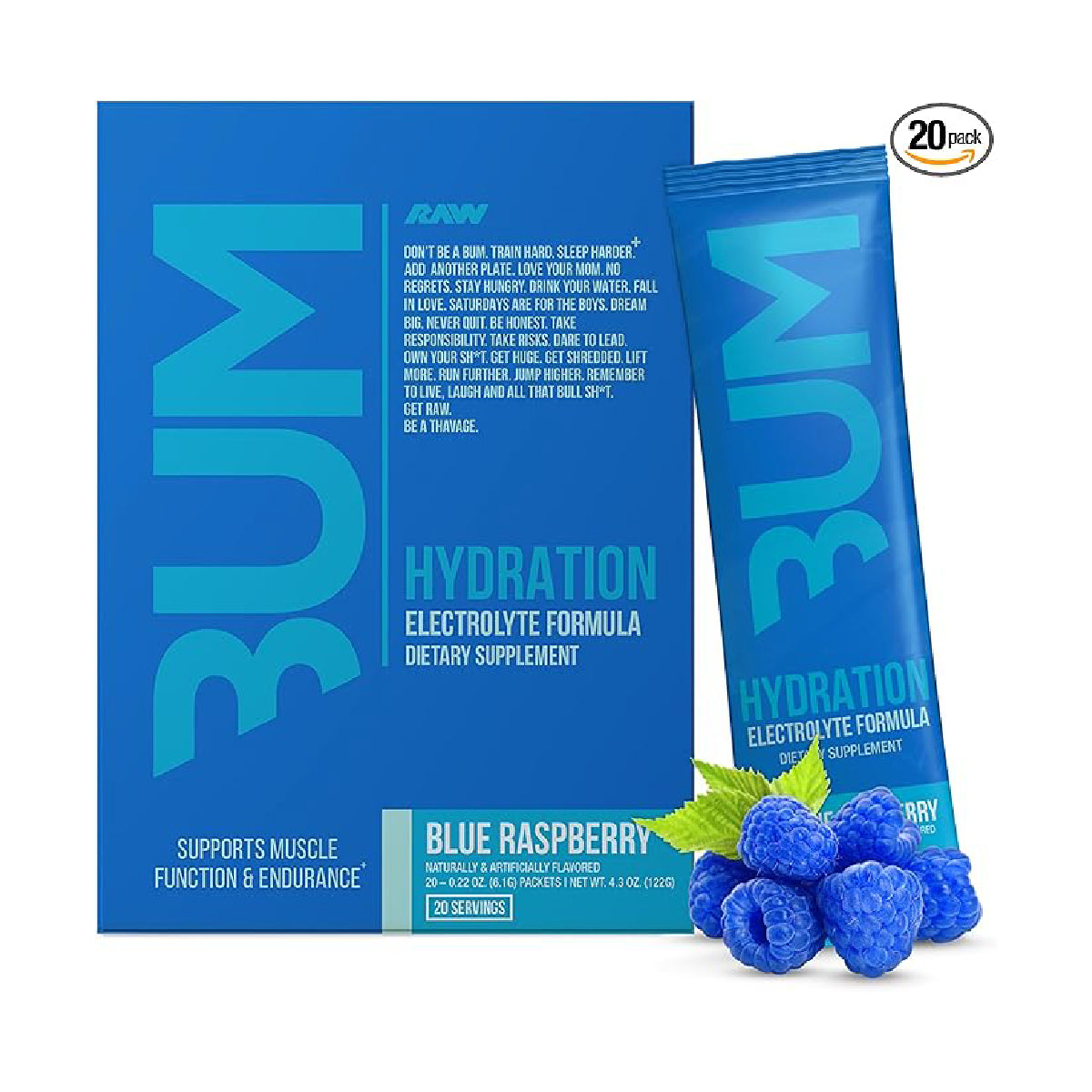 RAW Nutrition BUM Hydrate Frambuesa Azul 20 Porciones Electrolitos en Polvo Apoyo Hidratación, Función Muscular y Rendimiento