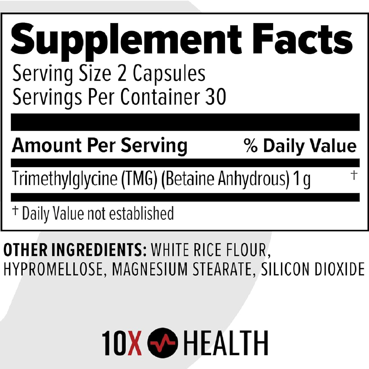 10X Health TMG 60 Cápsulas 1000 mg Apoyo Hígado, Corazón, Energía y Homocisteína - Hi Vitamins