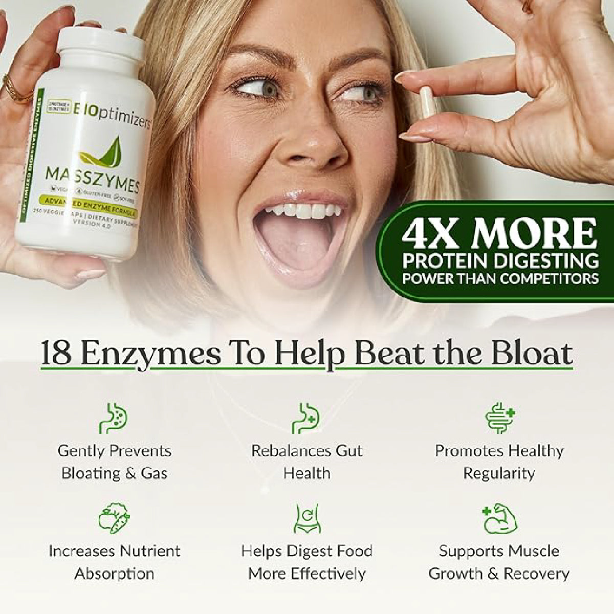 BIOptimizers MassZymes 30 Cápsulas Enzimas Digestivas Apoyo Salud Intestinal Digestión y Alivio de Hinchazón