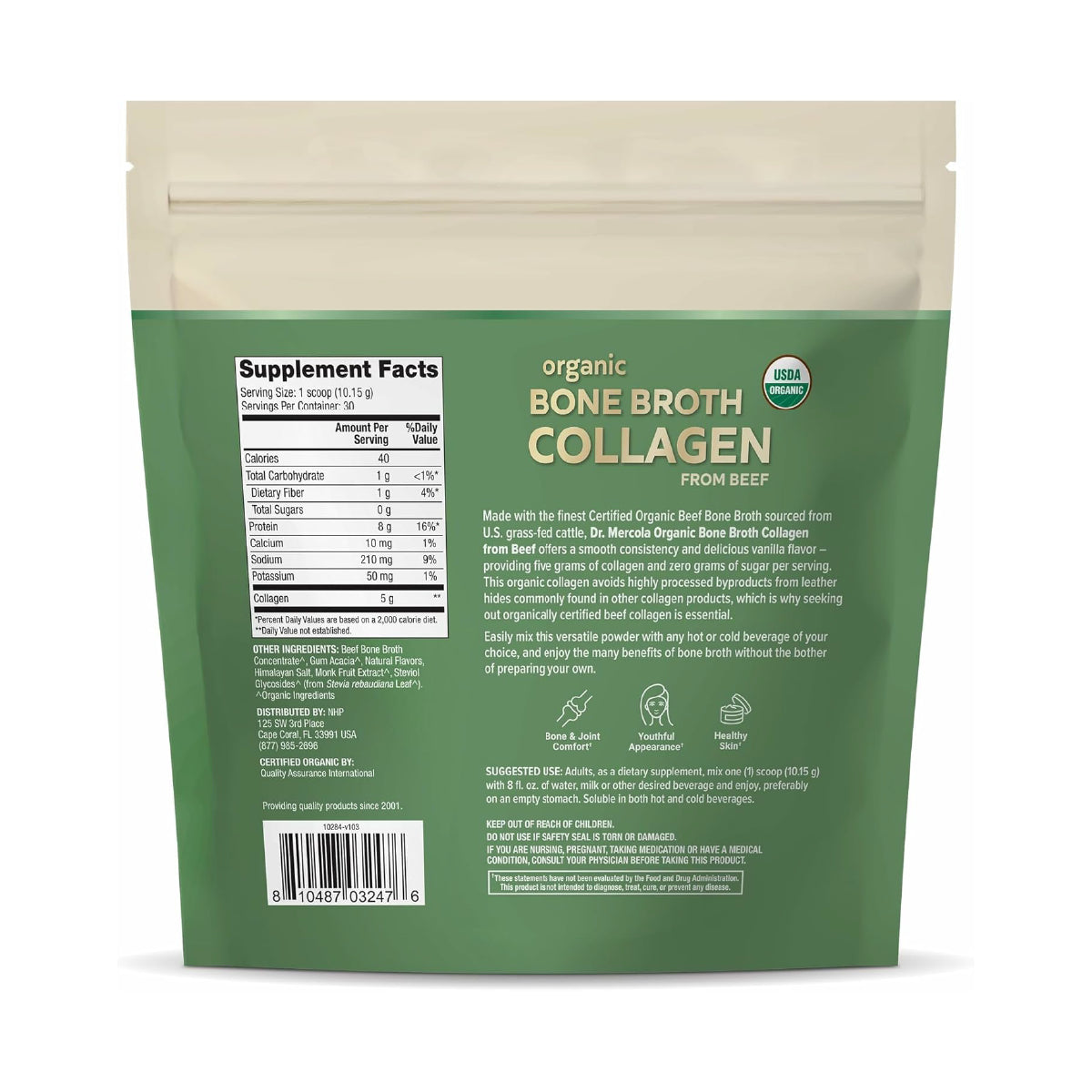 Dr. Mercola Organic Bone Broth Collagen 304.5 g Colágeno Orgánico sabor Vainilla
