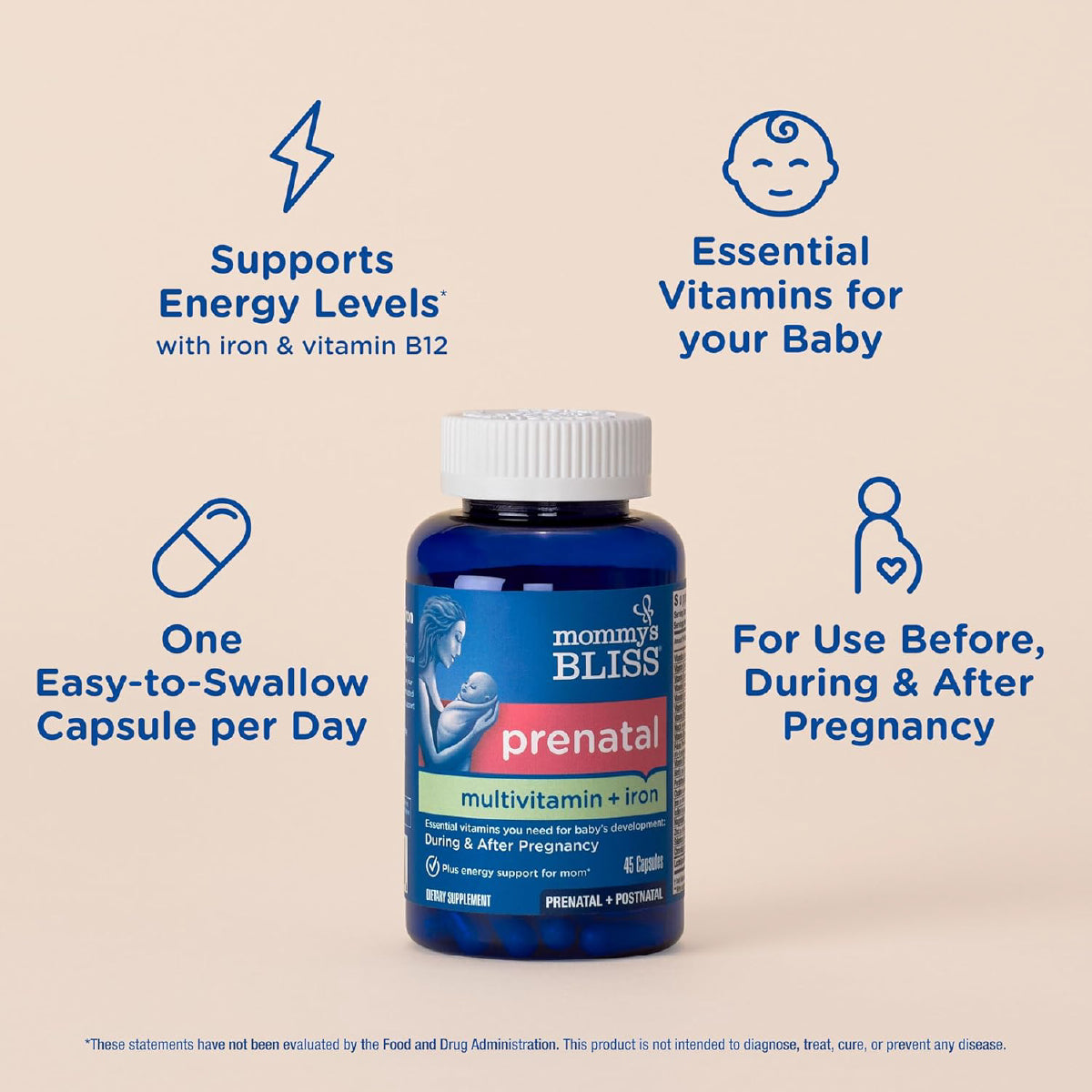 Mommy's Bliss Prenatal Multivitamínico con Hierro y Ácido Fólico Apoyo Desarrollo del Bebé Energía e Inmunidad Materna