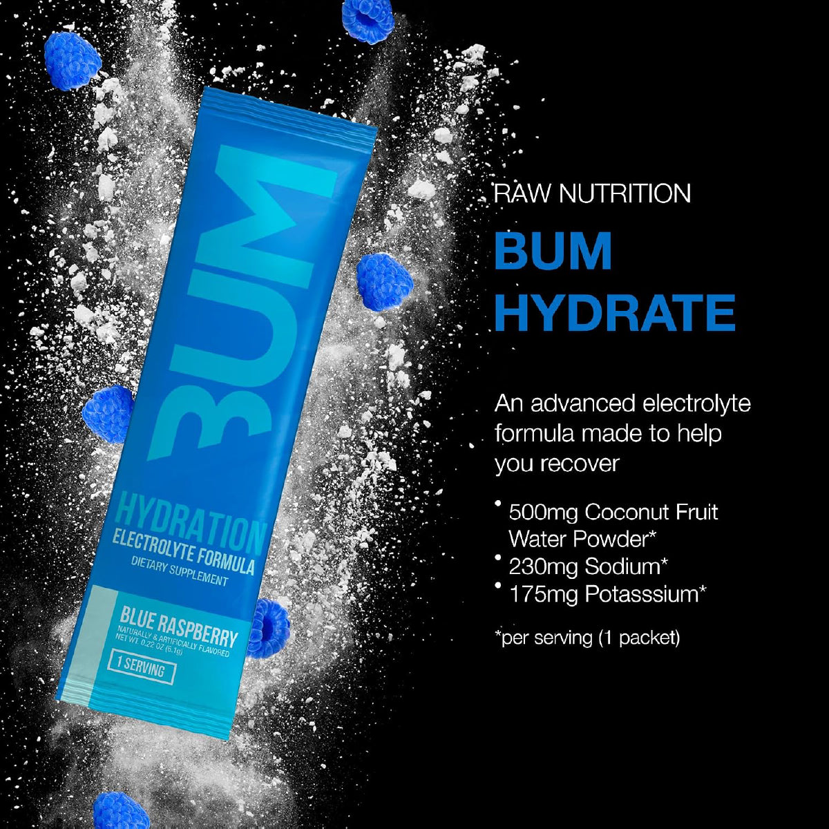 RAW Nutrition BUM Hydrate Frambuesa Azul 20 Porciones Electrolitos en Polvo Apoyo Hidratación, Función Muscular y Rendimiento