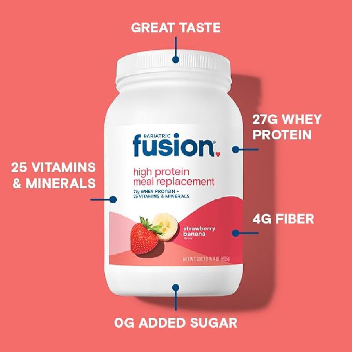 Bariatric Fusion Suplemento Alimenticio Alto en Proteína 932.4g sabor Fresa Plátano - Hi Vitamins