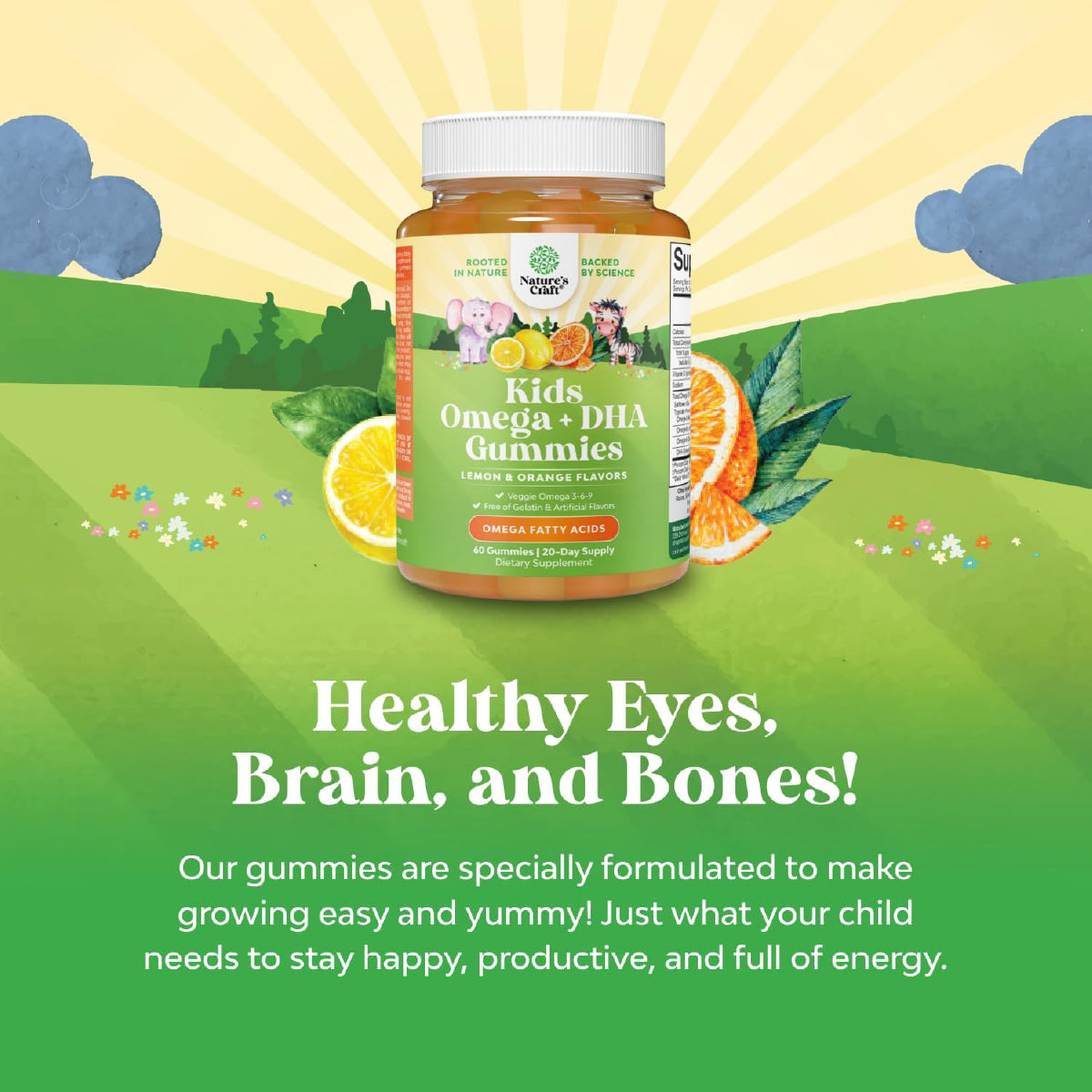 Nature's Craft Omega 3 DHA para Niños 60 Gomitas Apoyo Cerebro, Visión, Sistema Inmune y Enfoque