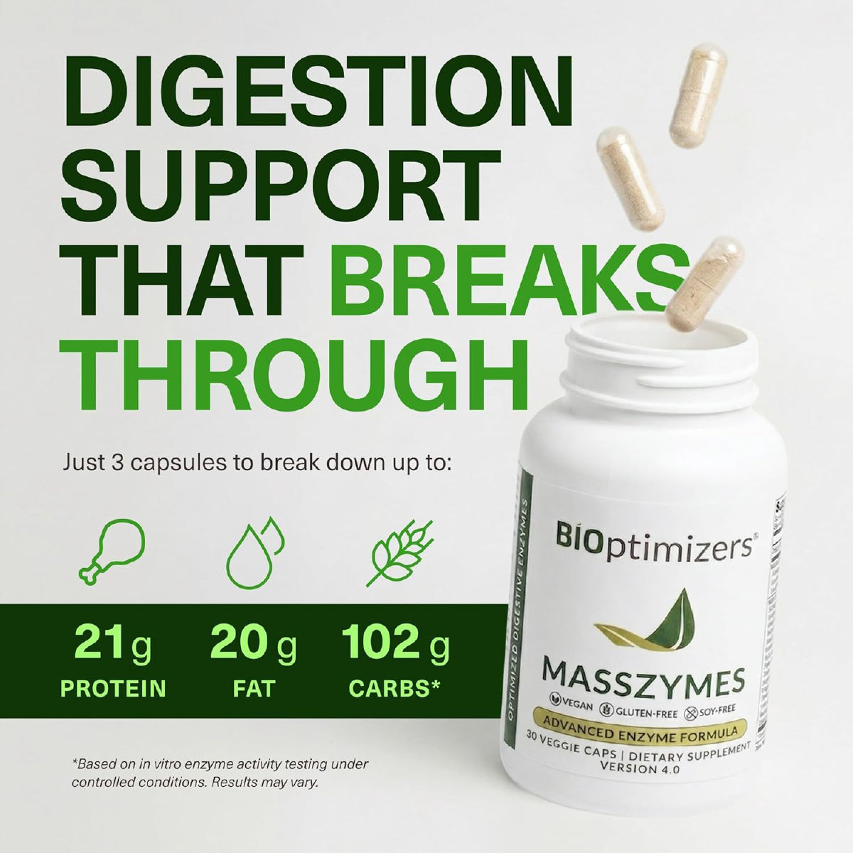 BIOptimizers MassZymes 30 Cápsulas Enzimas Digestivas Apoyo Salud Intestinal Digestión y Alivio de Hinchazón