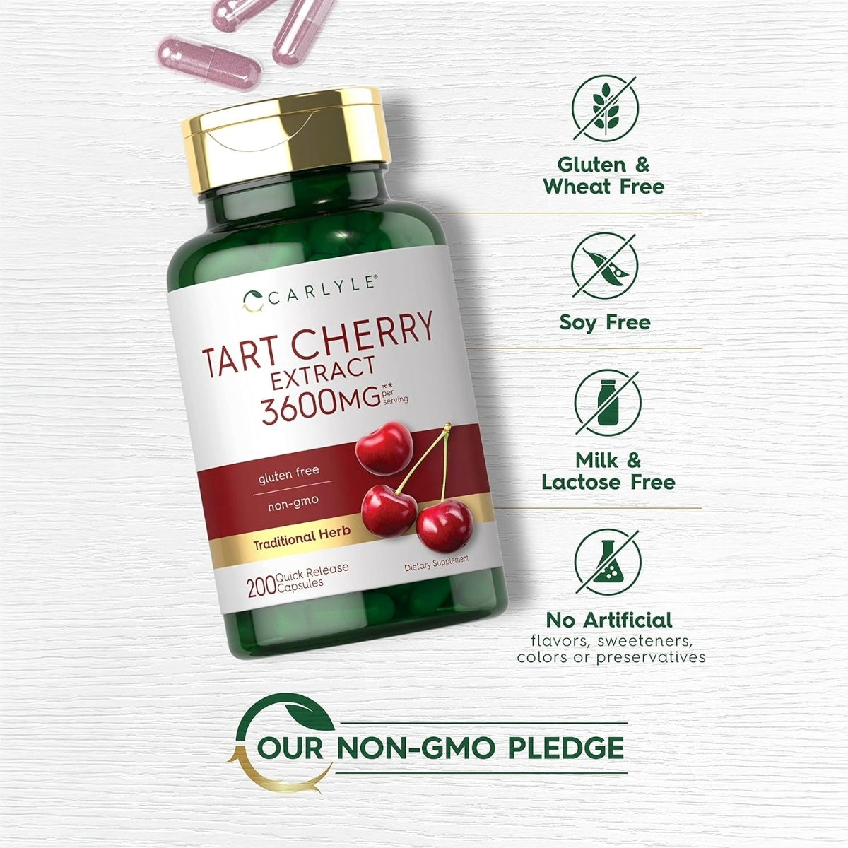 Carlyle Tart Cherry 200 Cápsulas 2400 mg Extracto de Cereza Ácida Apoyo Antioxidante y Descanso Nocturno