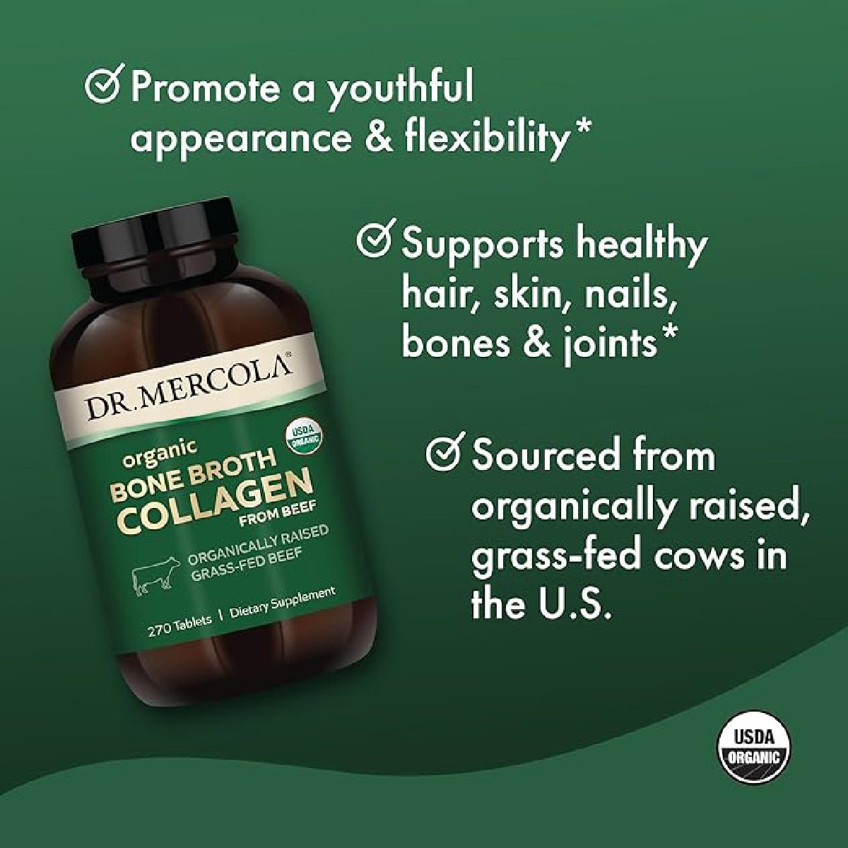 Dr. Mercola Colágeno de Caldo de Hueso 270 Tabletas Fortalece Cabello, Uñas y Articulaciones - Hi Vitamins