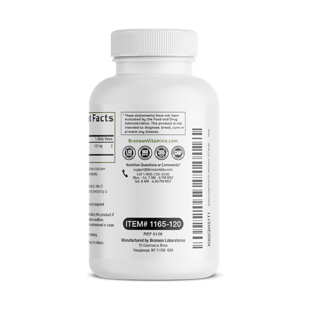 Bronson Korean Panax Ginseng 120 Cápsulas Apoyo Mental, Memoria y Rendimiento Cognitivo