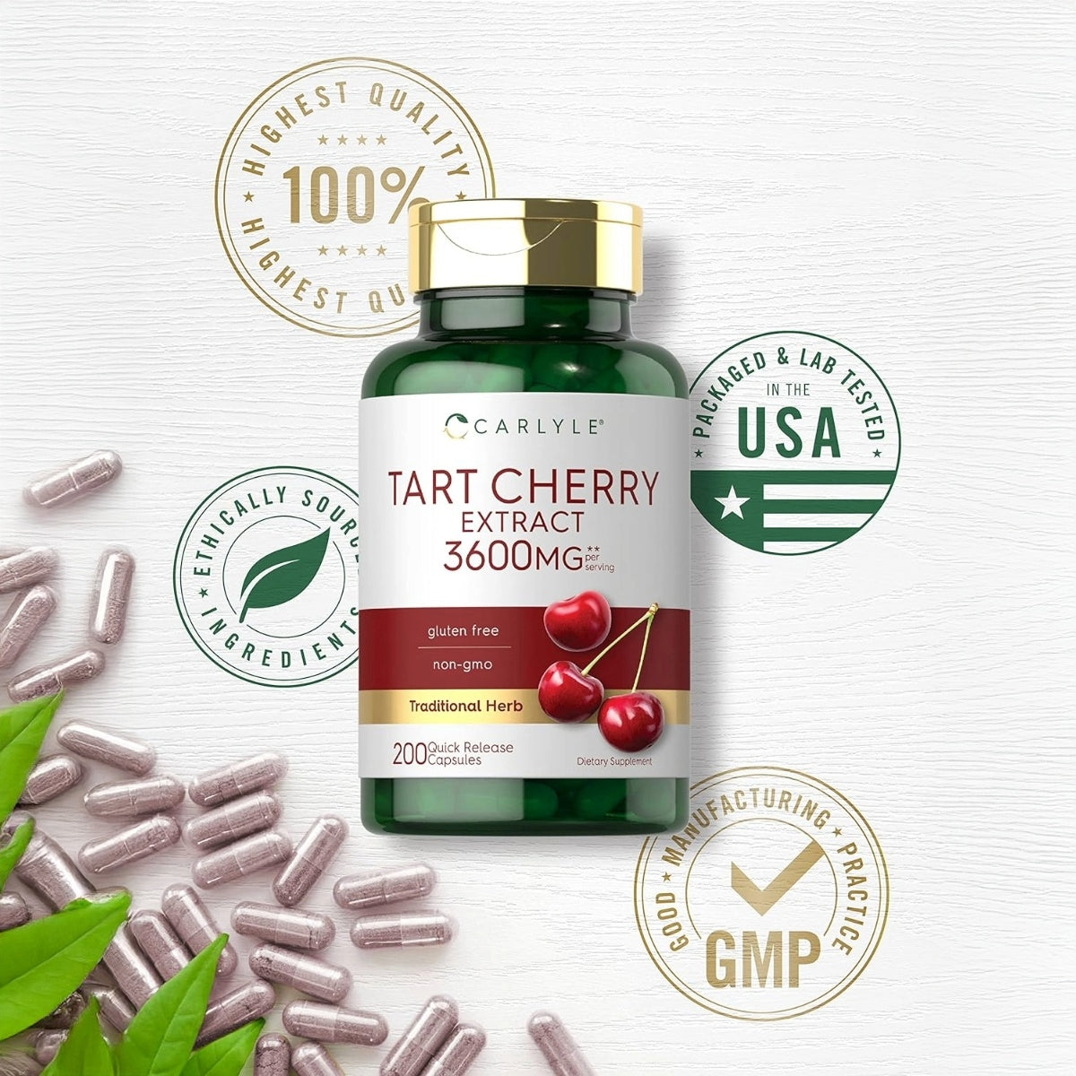 Carlyle Tart Cherry 200 Cápsulas 2400 mg Extracto de Cereza Ácida Apoyo Antioxidante y Descanso Nocturno