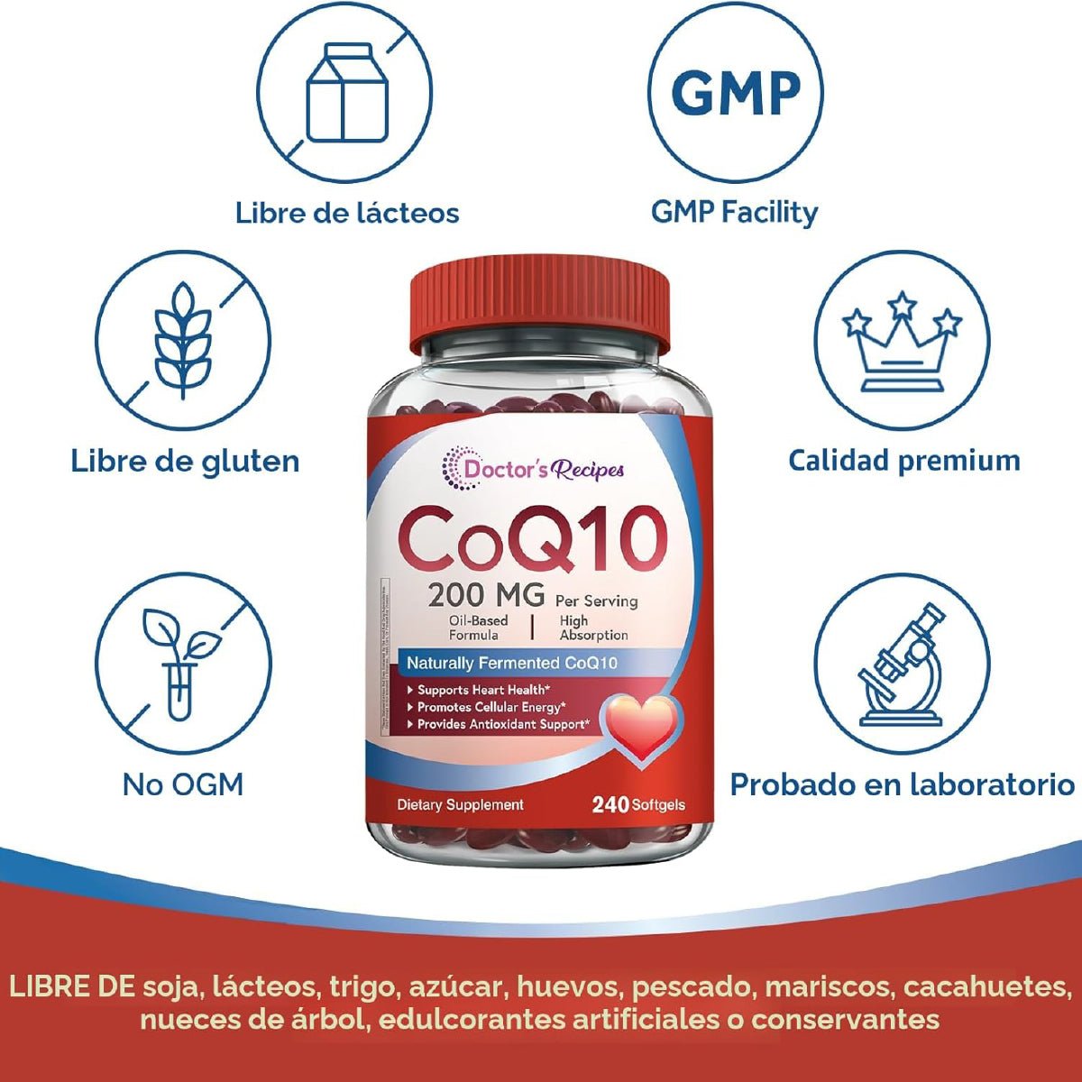 Doctor's Recipes Suplemento de Coenzima Q10 200 mg Apoyo Salud Cardiovascular, Energía y Antioxidantes - Hi Vitamins