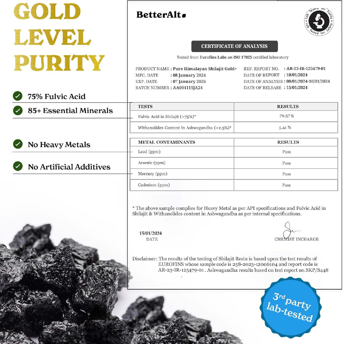 BetterAlt Shilajit Gold+ 30 g Resina Pura del Himalaya Apoyo Energía Fuerza Recuperación y Rendimiento