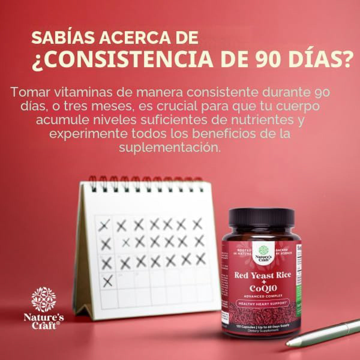 Natures Craft Arroz de Levadura Roja con CoQ10 120 Cápsulas Apoyo Colesterol, Salud Cardiovascular y Energía