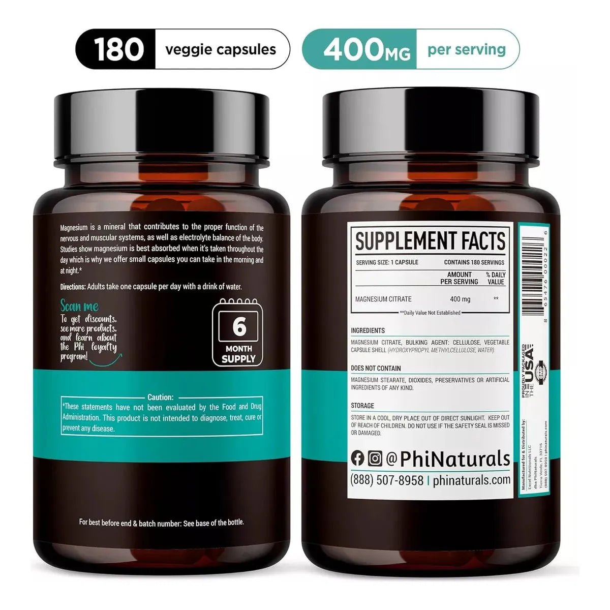 Phi Naturals Magnesium Citrate 400 Mg Magnesio 180 Cápsulas - Hi Vitamins