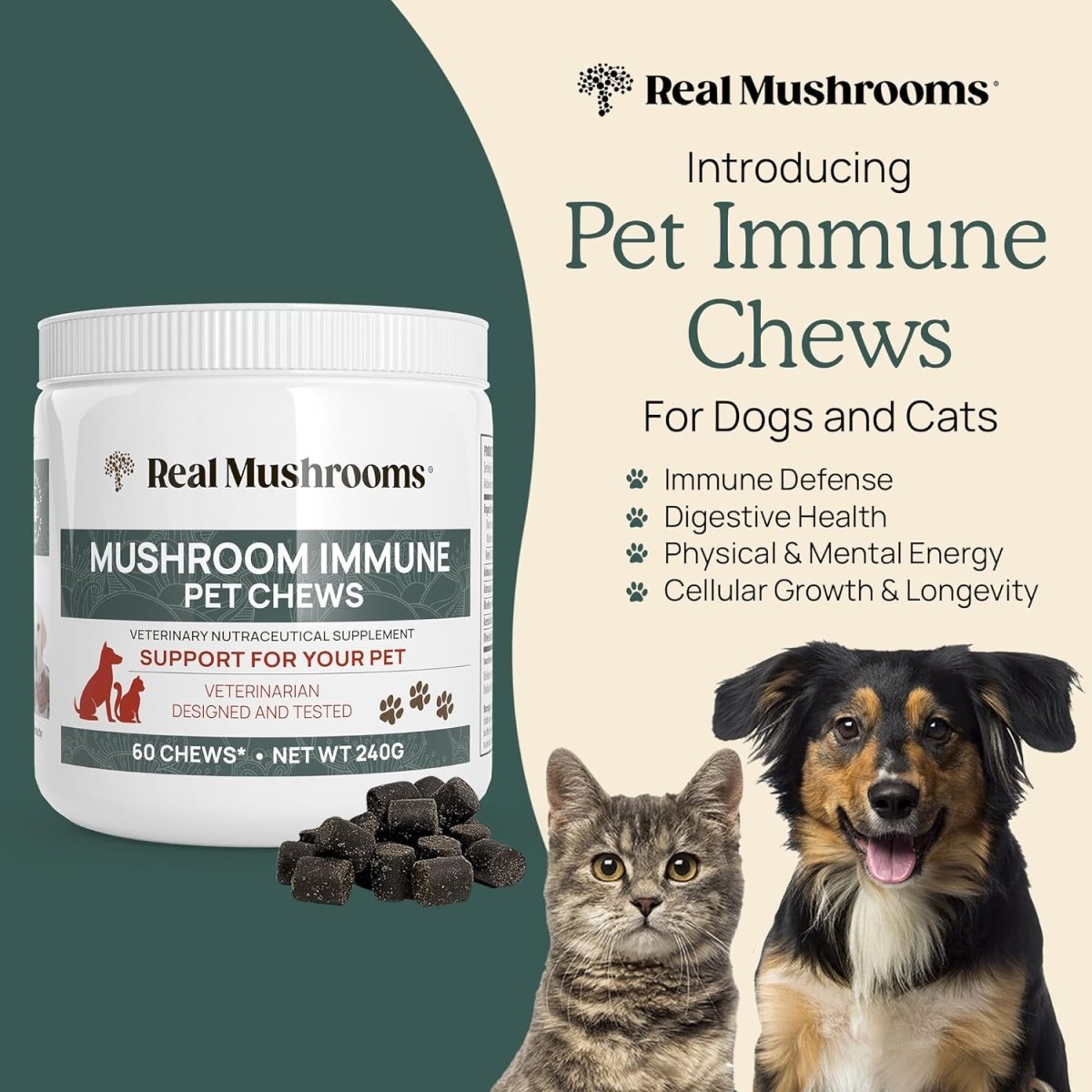 Real Mushrooms Immune para Mascotas 60 Soft Chews - Hi Vitamins