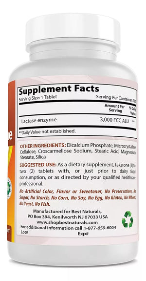 BEST NATURALS NATURAL LACTASE ENZYME 3000 FCC ALU 180 TABLETS