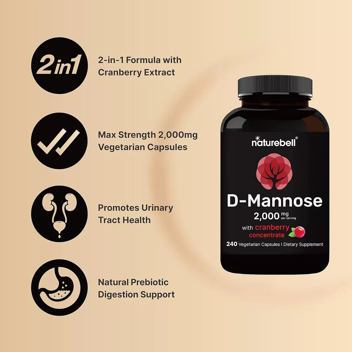 Naturebell D - Manosa 2000 Mg Concentrado de Arándano 240 Cápsulas - Hi Vitamins