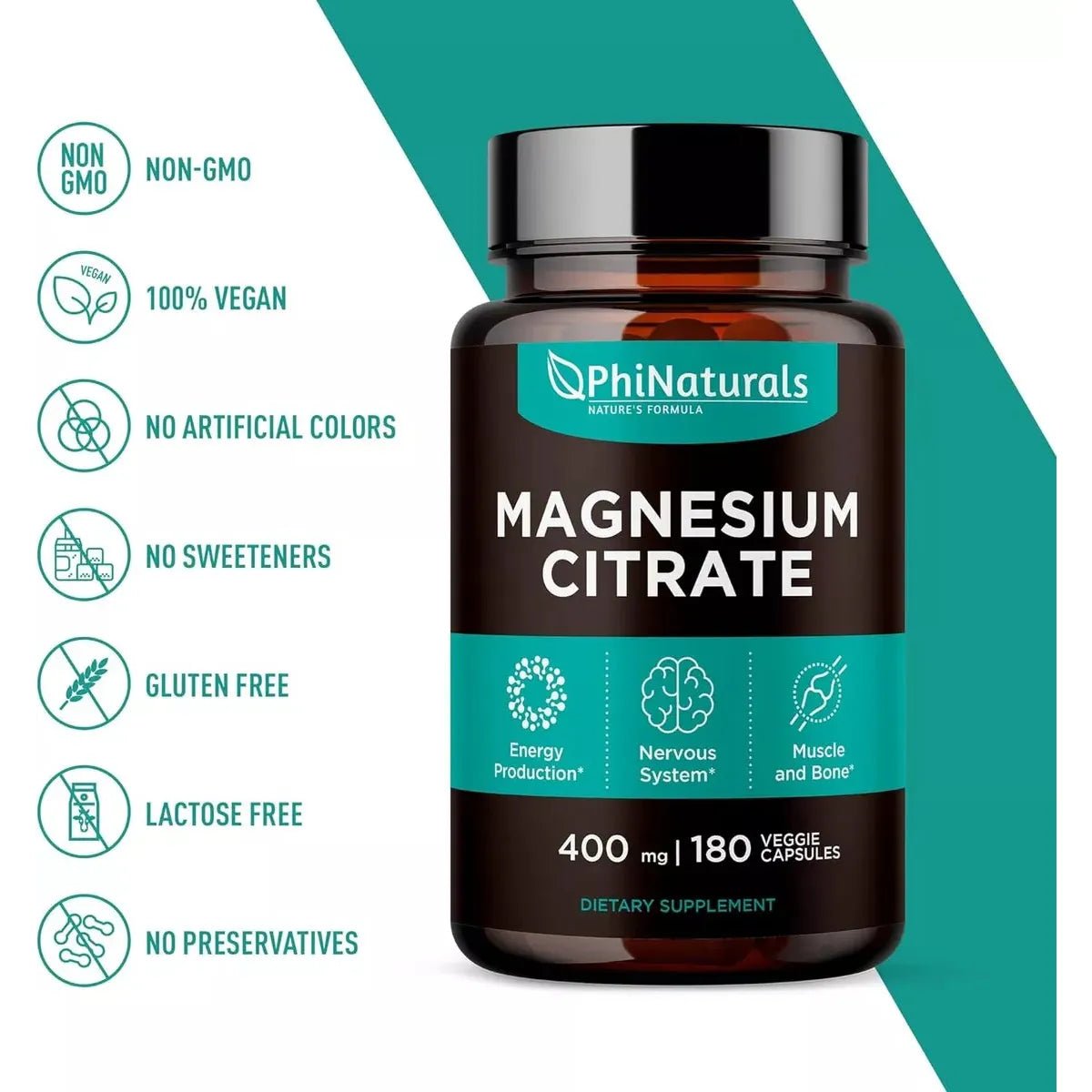 Phi Naturals Magnesium Citrate 400 Mg Magnesio 180 Cápsulas - Hi Vitamins
